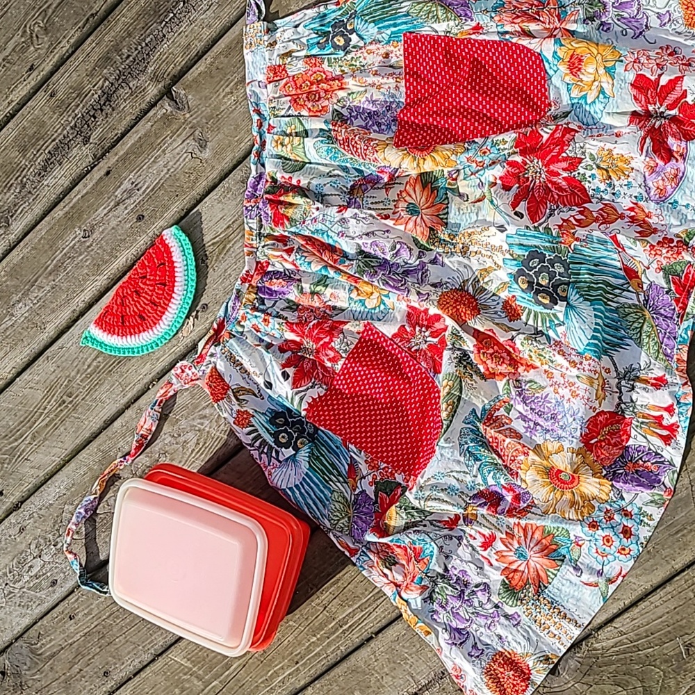 Retro Kitchen Bundle, Floral Apron, Crocheted Watermelon, Tupper…